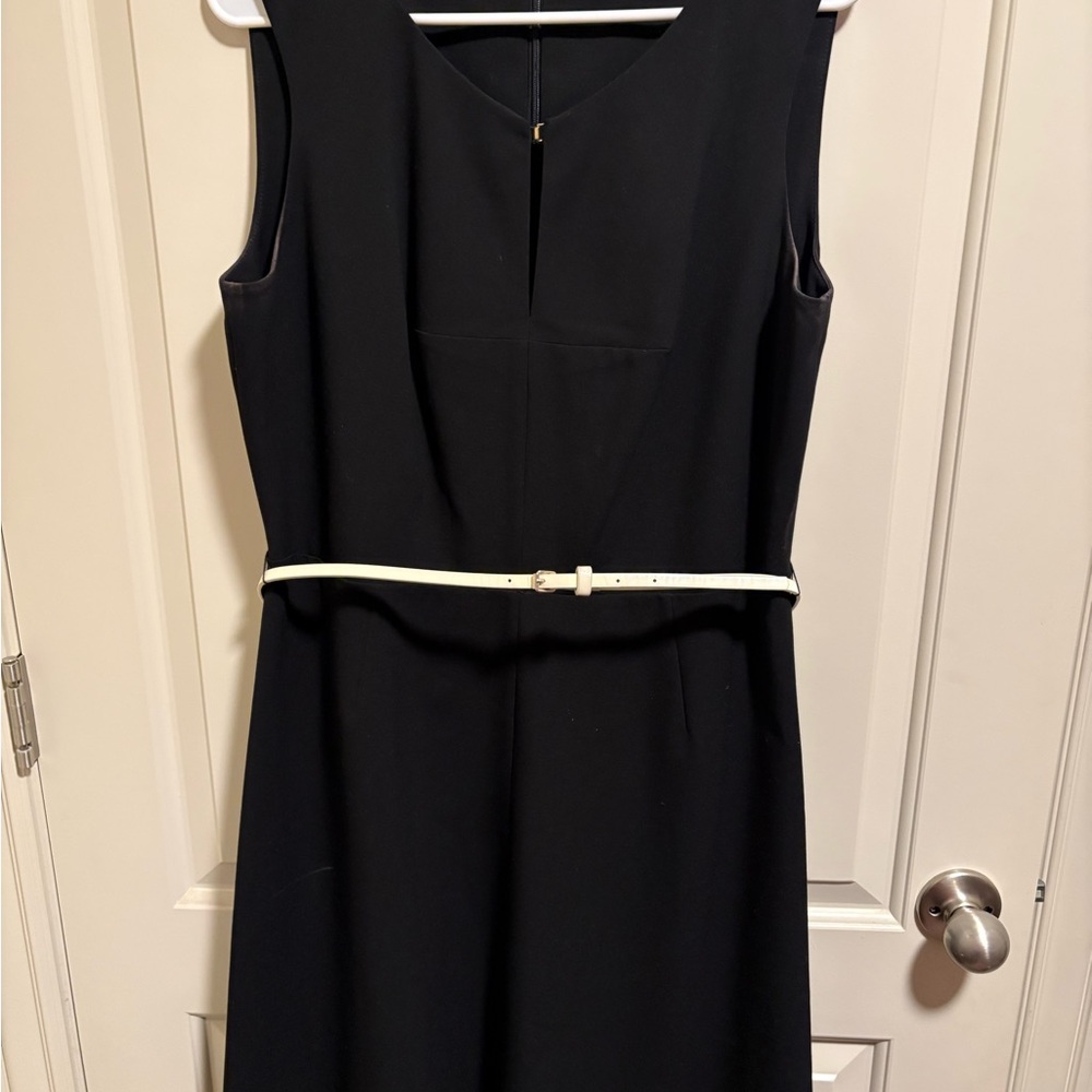Calvin Klein Black Midi Keyhole Dress with White Belt.